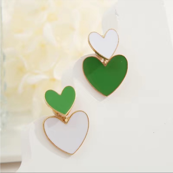 Jewelry - Last Pair! Double Heart Shape Drop Earrings Two Ways to Wear, Green & White, New